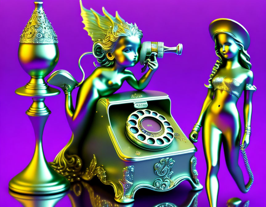 Colorful retro-futuristic figures with vintage telephone on purple background