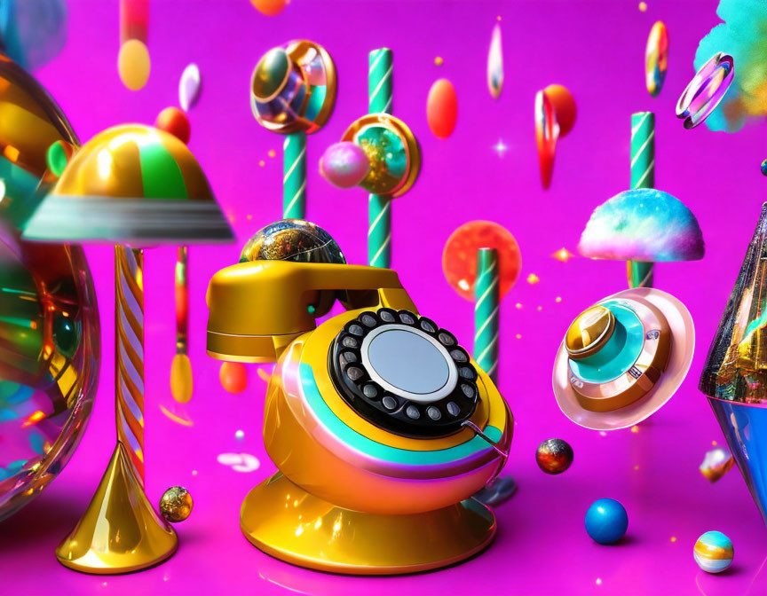 Colorful Surreal Composition with Yellow Rotary Phone and Floating Confections
