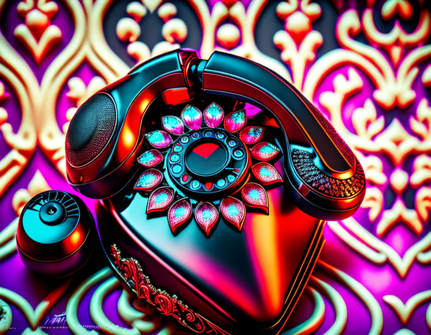 Colorful Vintage Rotary Telephone with Jewel Embellishments on Patterned Background