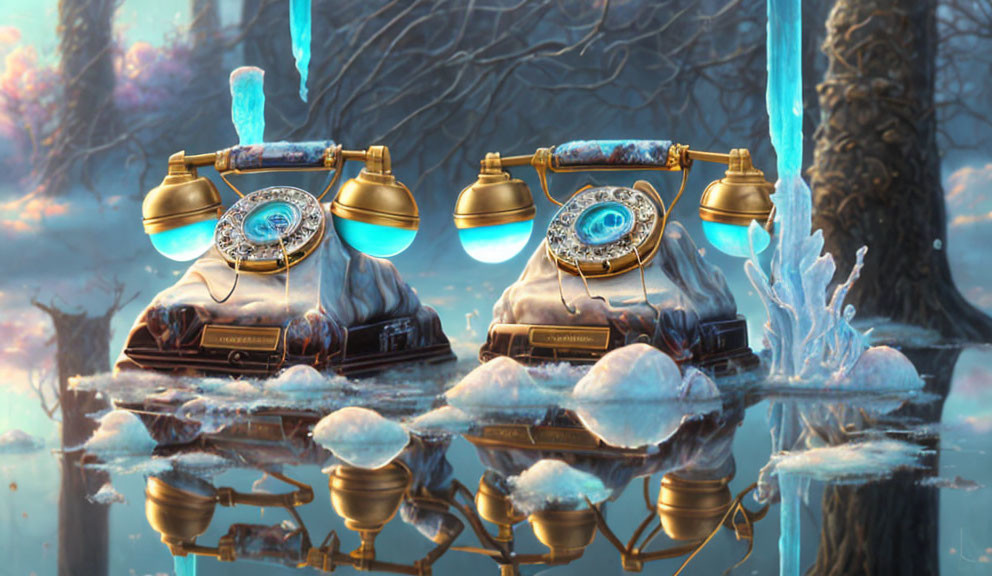 Vintage telephones frozen in ice in enchanted forest with blue hues
