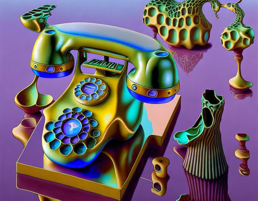 Surreal Artwork: Distorted Rotary Phone in Vibrant Colors