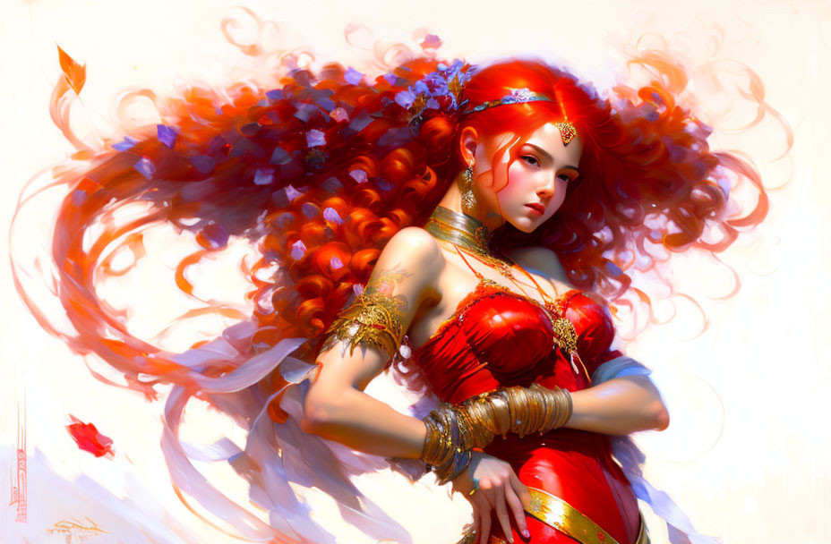 Fantasy illustration of woman with red hair and gold jewelry in red dress on light background with red leaves