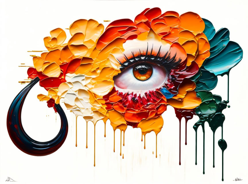 Vibrant Abstract Painting of Detailed Eye and Dripping Petals