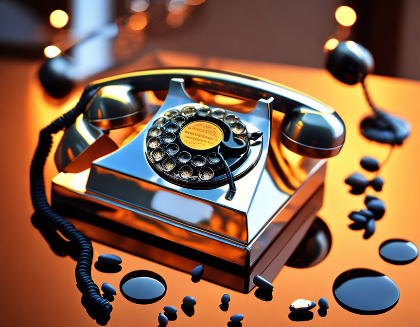 Vintage Rotary Phone on Reflective Surface with Scattered Beads