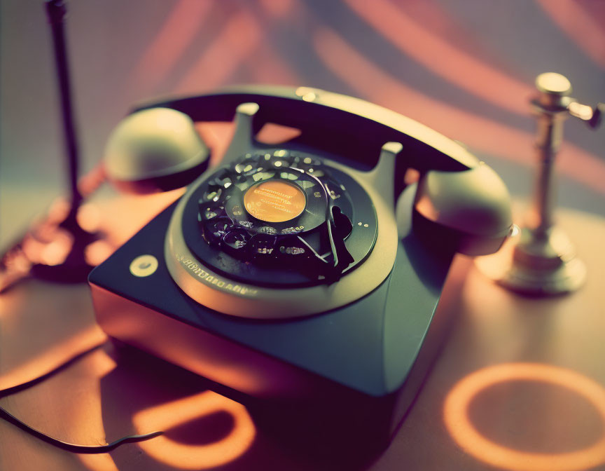 Vintage Rotary Telephone on Table with Warm Light and Shadows
