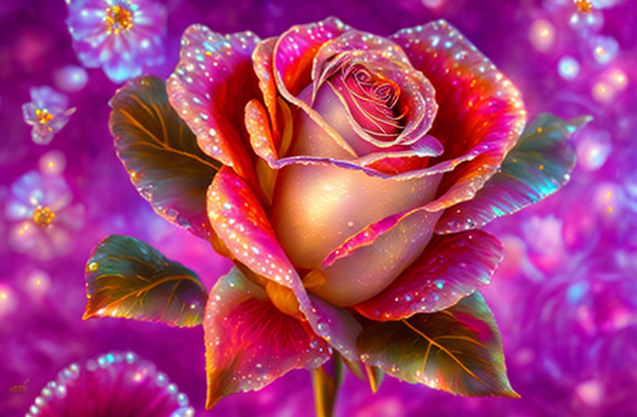 Vibrant digital image: Pink and yellow rose with dew droplets on petals
