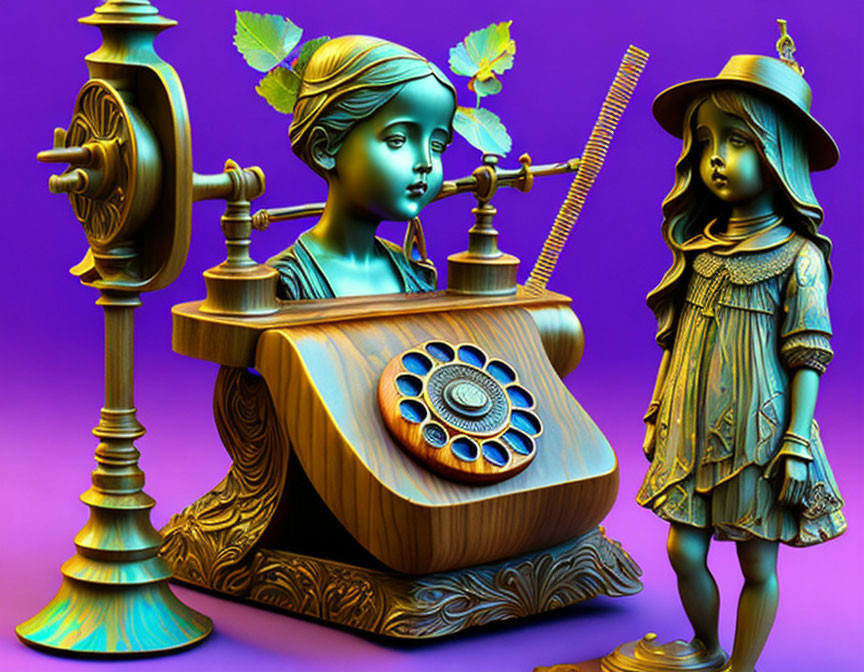 Stylized vintage dolls with metallic bronze look beside ornate old-fashioned telephone on purple background