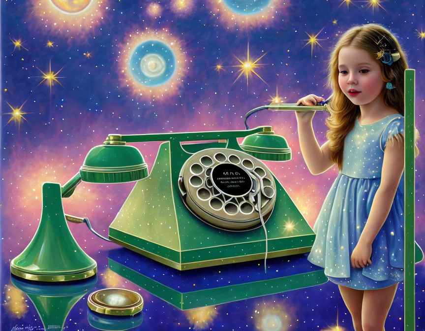 Young girl in blue dress with starry background and vintage green rotary phone.