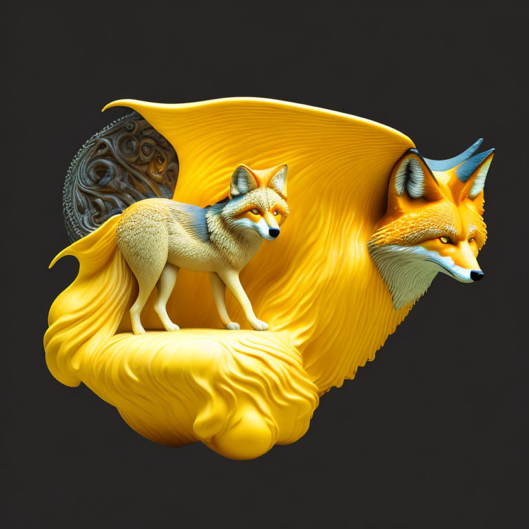 Stylized fox blending into ornate yellow spiral shell with second head.