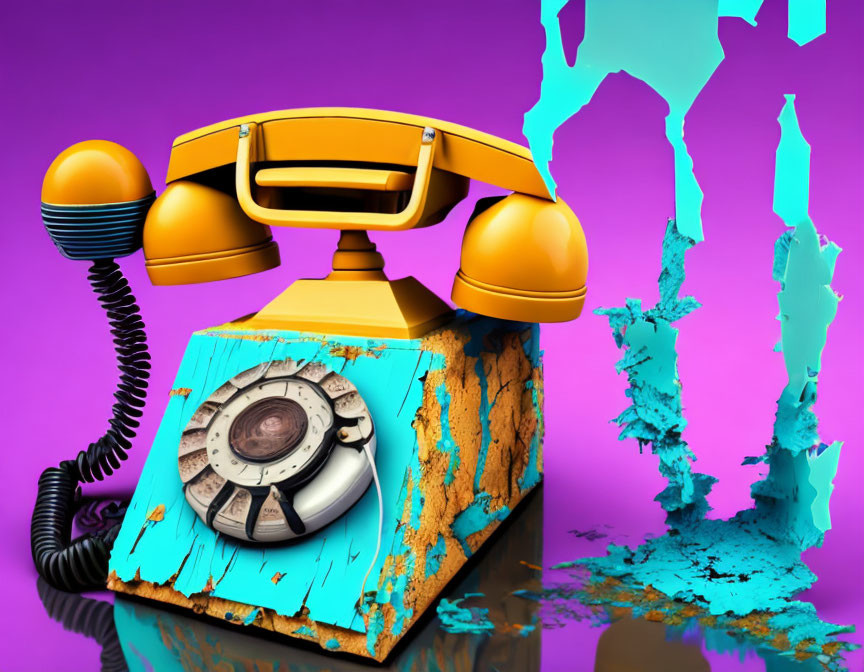 Vintage Telephone Floating Above Cube-Shaped Base on Purple Background