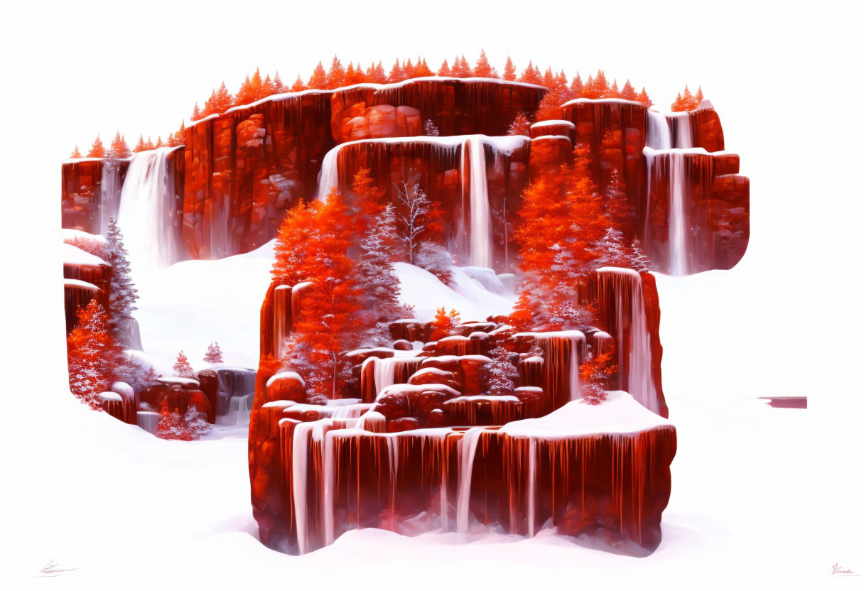 Fantastical Winter Landscape with Waterfalls and Red Foliage