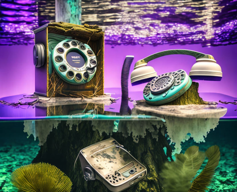 Colorful Vintage Telephones on Underwater Tree Stumps with Aquatic Theme