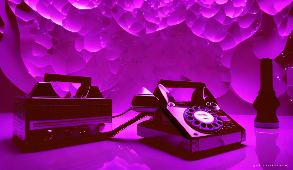 Vintage rotary phone and tape deck in purple light with glowing orbs backdrop