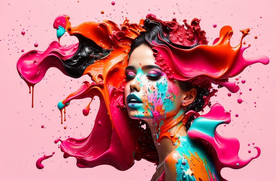 Colorful Paint Swirls Around Woman on Pink Background