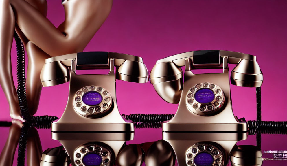 Retro Style Telephones with Lifted Handsets on Pink Background