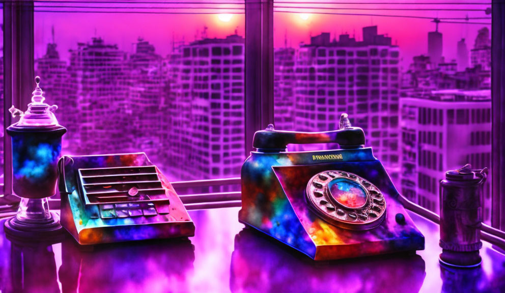 Vibrant retro rotary telephones in neon-lit cityscape at sunset