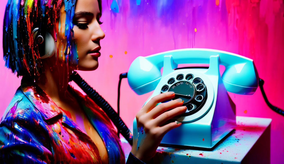 Colorful scene: Person in paint-splattered clothes dialing retro turquoise rotary phone.