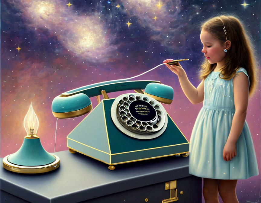 Young girl in blue dress blowing bubbles by vintage phone in cosmic setting