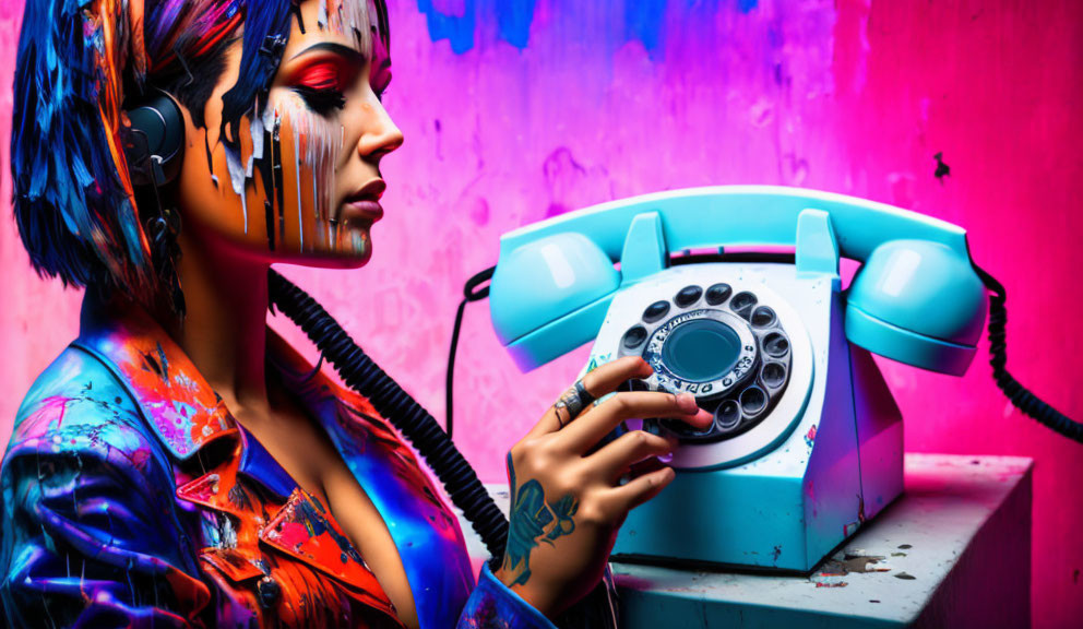 Colorful face paint woman with headphones and retro telephone on pink background