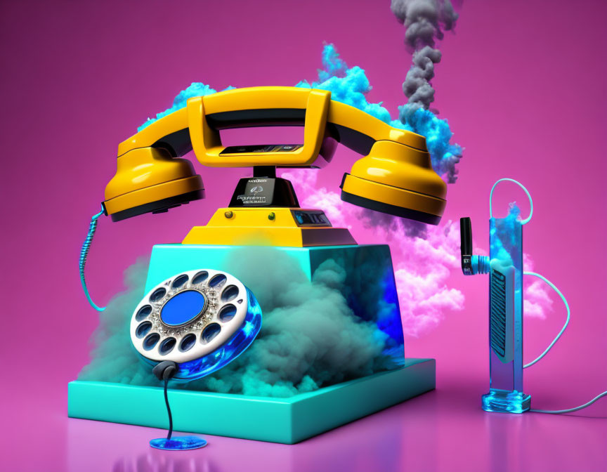 Colorful Retro Telephone with Smoke on Pink Background and Neon Lighting