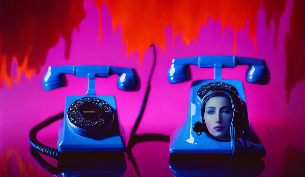 Vintage Blue Telephones on Purple Background with Dripping Orange Paint and Woman's Face