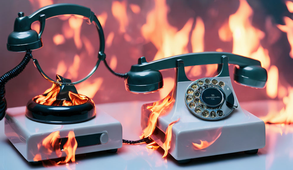 Vintage rotary telephone on fire against fiery background.