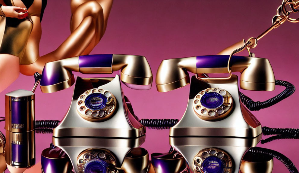 Vintage-style telephones with golden and purple accents on pink background with partial person view