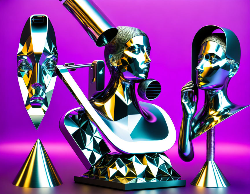 Abstract humanoid face sculptures in metallic against vibrant purple backdrop