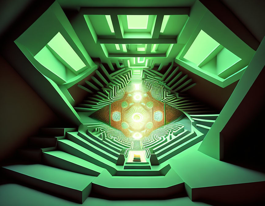 Abstract 3D-rendered tunnel with geometric shapes and green lights leading to bright circular pattern