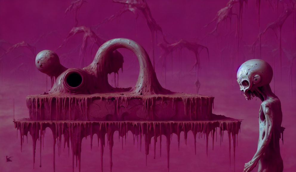 Surreal purple-hued backdrop with elongated figure and melting trumpet structure