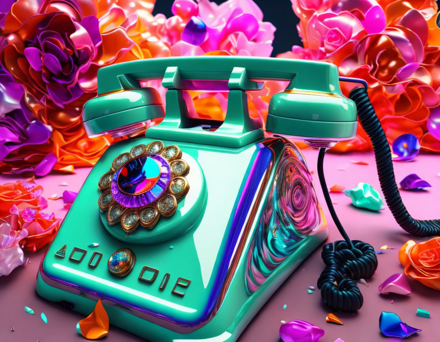 Colorful Vintage Rotary Phone on Bright Floral Background