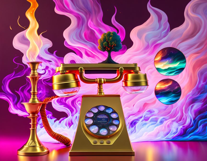 Surreal golden vintage telephone, candlestick, orbs, and blazing tree in purple-pink backdrop