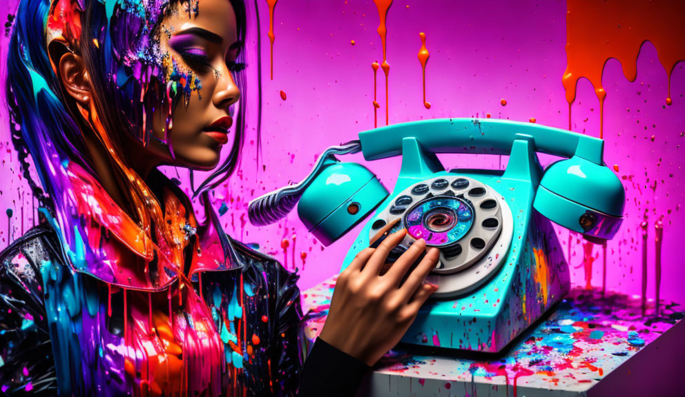 Colorful painting of woman with retro telephone in blue, pink, and yellow hues