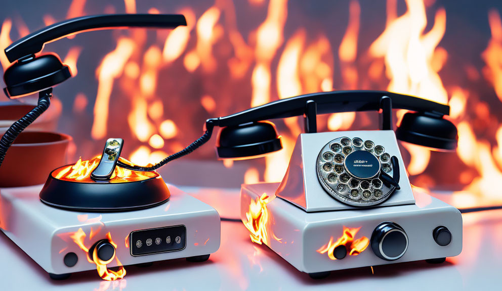 Retro telephones with flames on fiery background