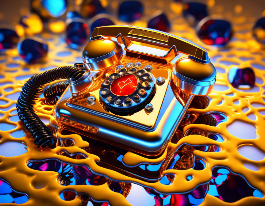 Vintage Rotary Phone Submerged in Golden Liquid on Blue Background