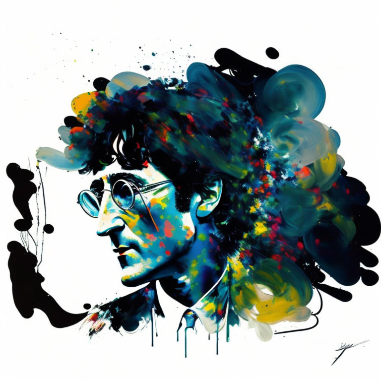 Colorful portrait of a man with glasses and paint splatters