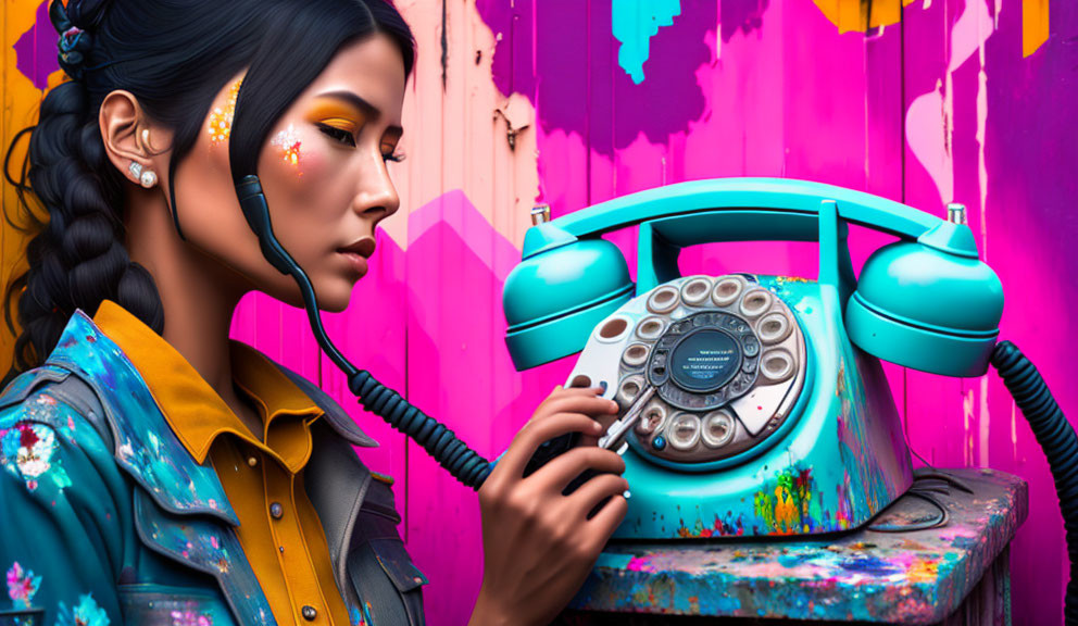 Woman with Braid and Colorful Makeup Talking on Vintage Turquoise Telephone in Graffiti Background
