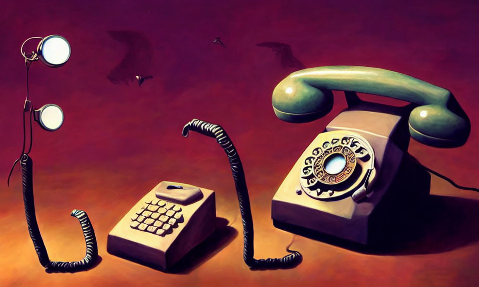 Surreal artwork with vintage telephone and modern calculator against amber backdrop