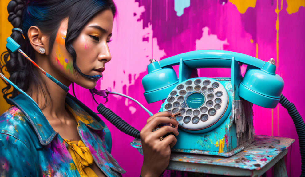 Colorful woman with paint on face holding blue rotary phone on vibrant background