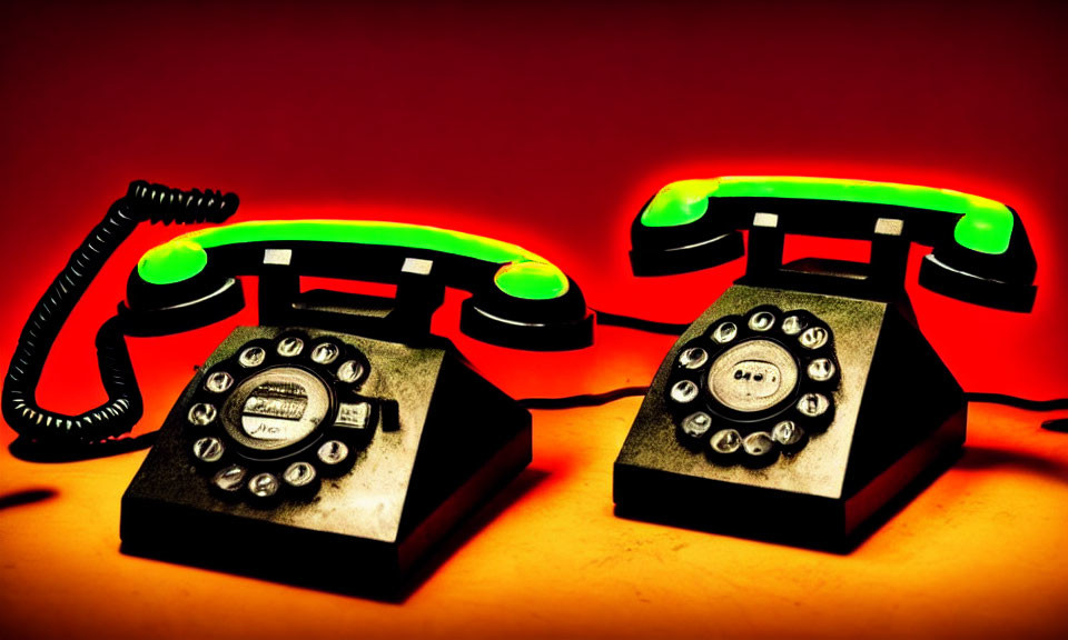Vintage Rotary Dial Telephones with Illuminated Green Handsets on Red Background