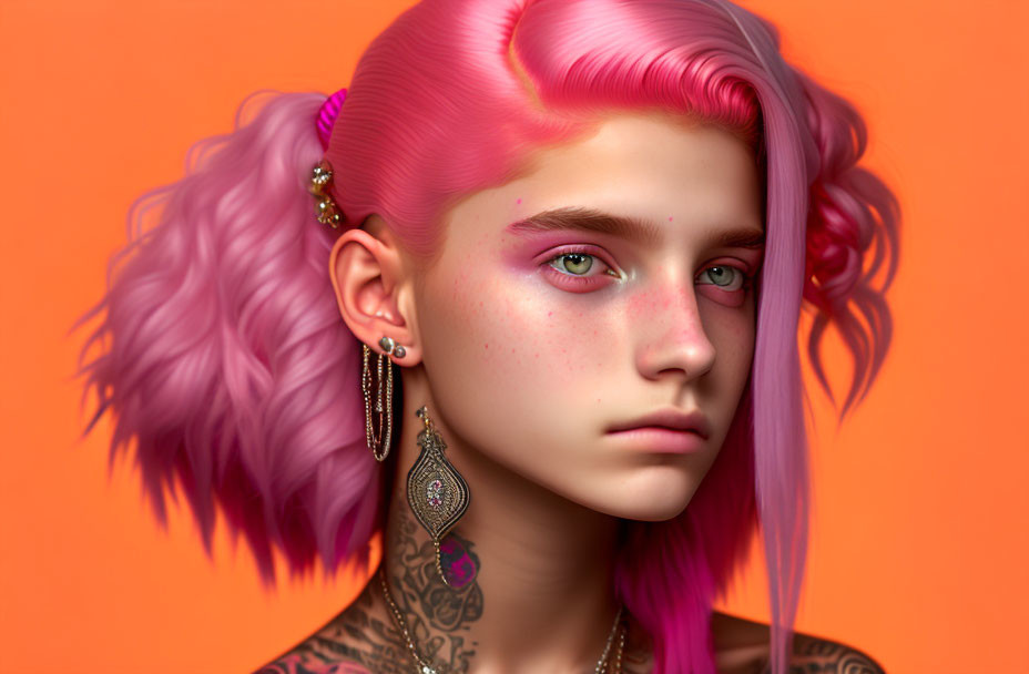 Person with Pink Hair, Intricate Earrings, Tattoos on Orange Background