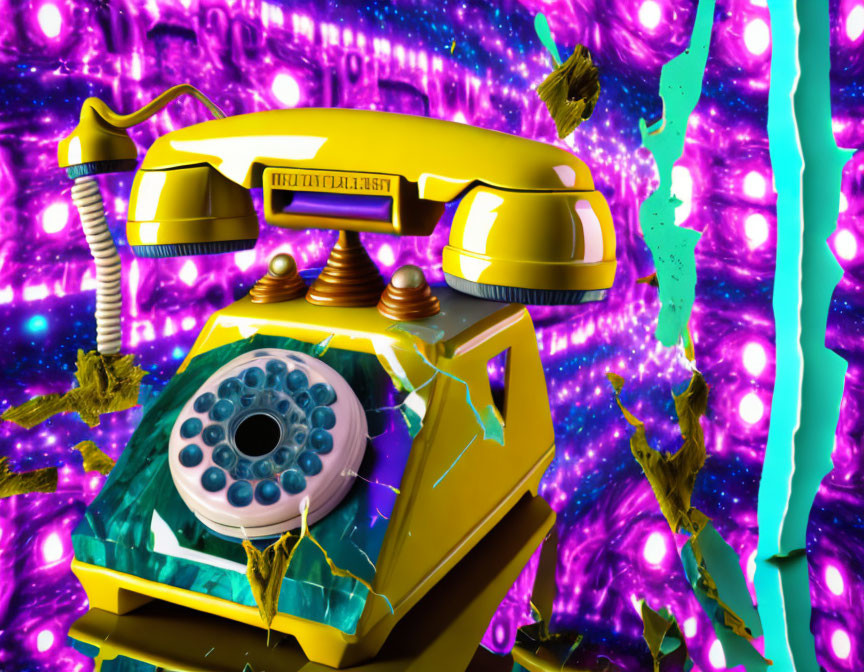 Surreal floating yellow rotary phone with purple tendrils