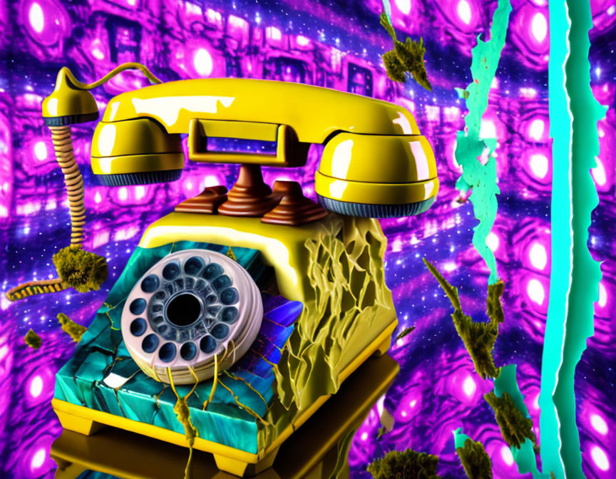 Colorful surreal artwork with yellow rotary phone and floating sunglasses