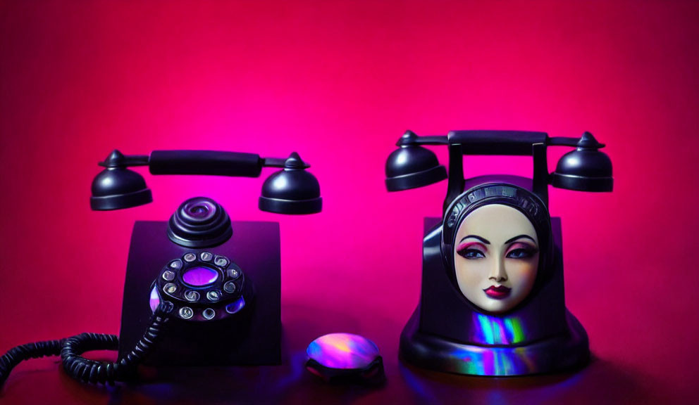 Vintage telephones with human face design on red and purple background