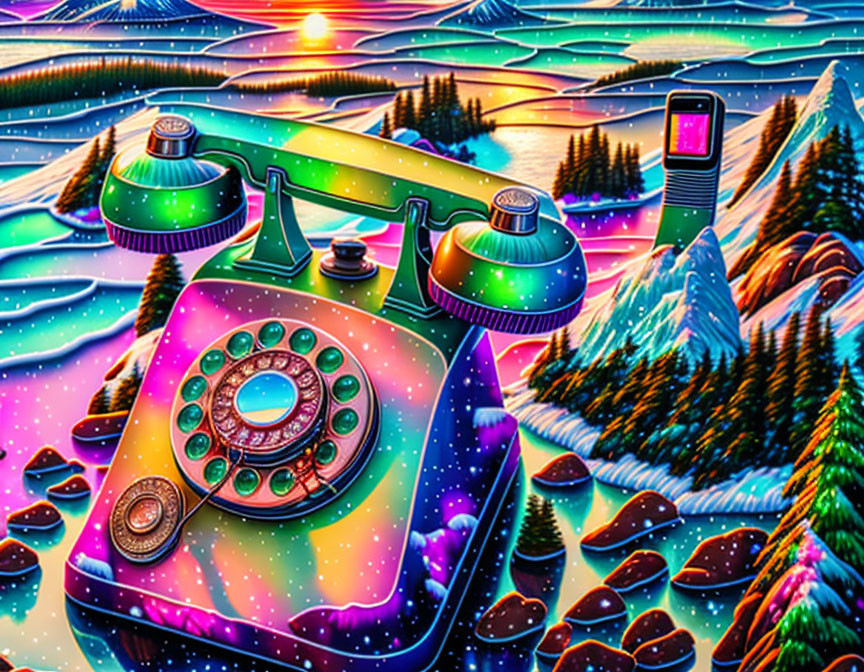 Surreal landscape transformed into vintage rotary phone against starry sky