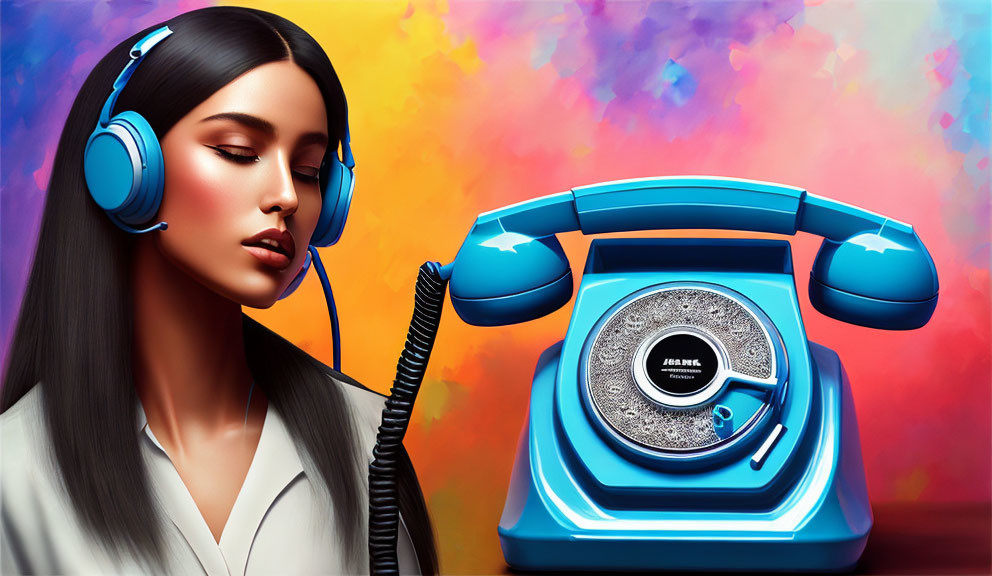 Woman with headphones listens to retro blue rotary phone on vibrant multicolored background