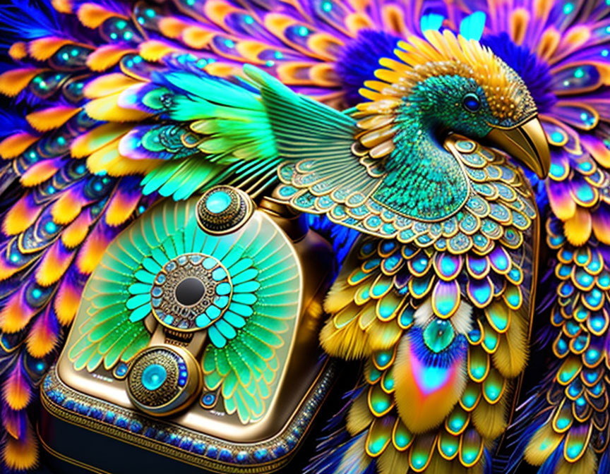 Colorful Peacock Digital Artwork with Intricate Patterns and Jewel-like Accents