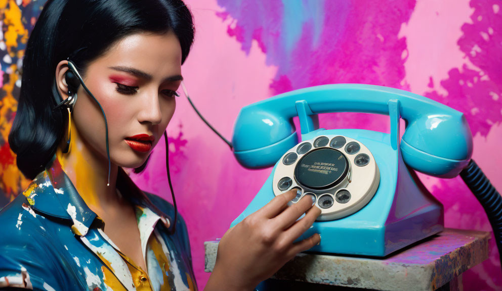 Woman with Red Lipstick Dialing Blue Rotary Phone on Paint-Splattered Background