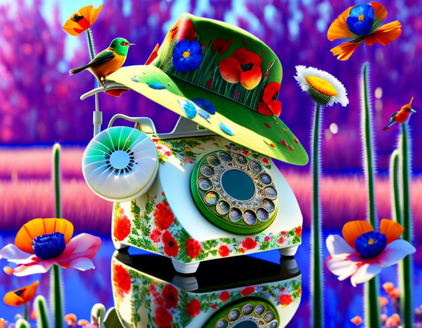 Colorful Vintage Rotary Phone with Flower Hat and Hummingbird in Vibrant Scene