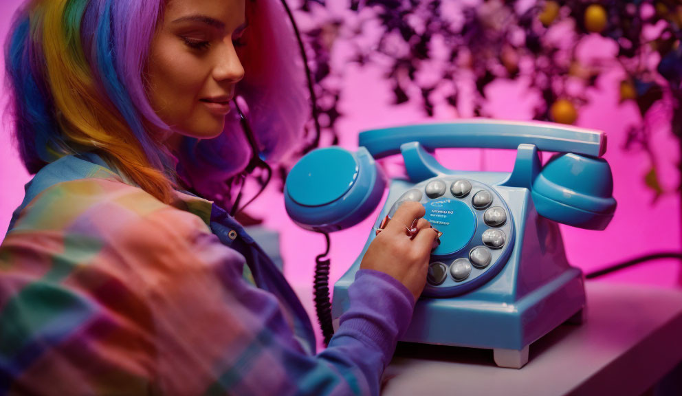 Rainbow-haired woman dialing retro blue rotary phone under pink neon lighting